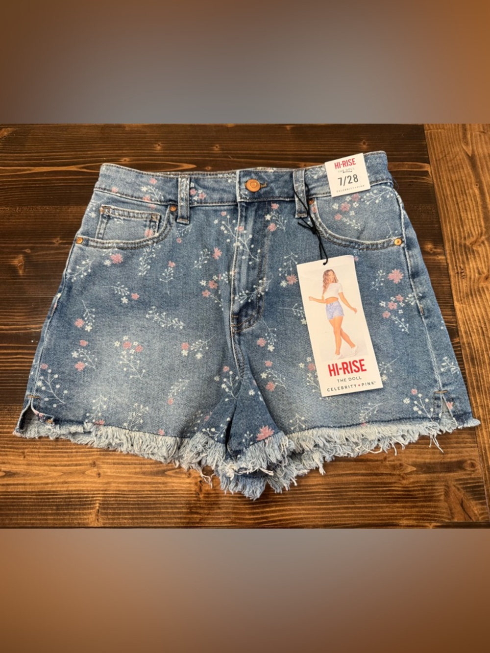 NWT Celebrity Pink The Doll Light Blue Floral High-Rise Denim Shorts Size 7/28